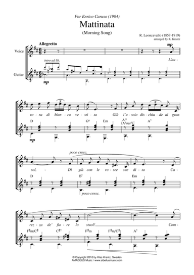 Mattinata for voice and guitar (D Major) (arr. Klas Krantz)