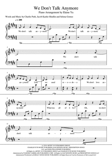 We Don't Talk Anymore (arr. Elaine Yu)