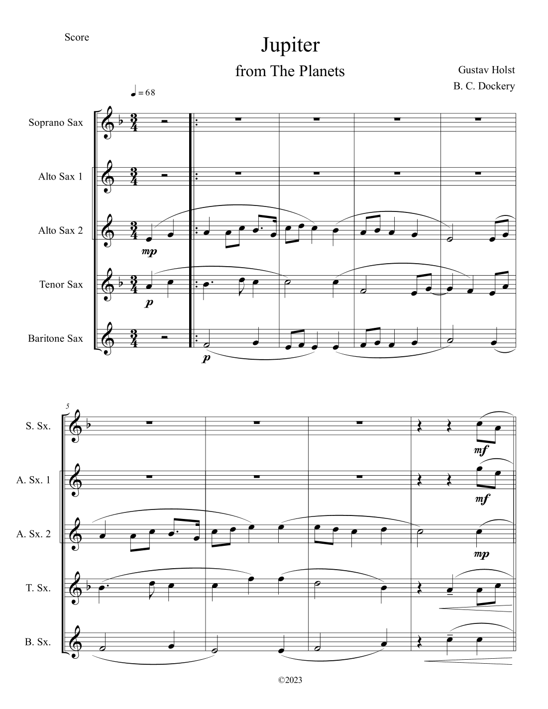 Jupiter (from The Planets) for Sax Quintet (arr. B. C. Dockery)