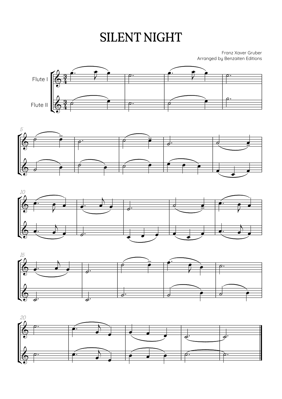 Silent Night for flute duet • easy Christmas song sheet music (arr. Benzaiten Editions)