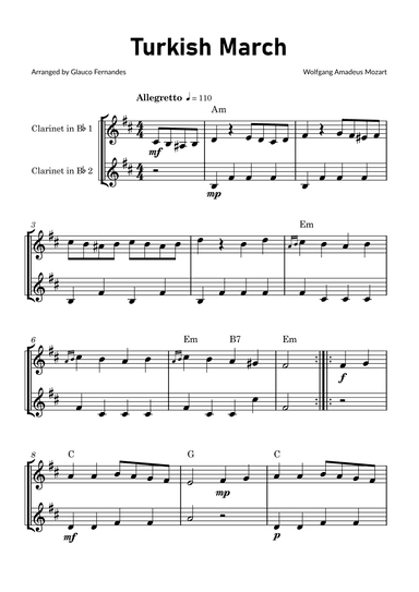 Turkish March by Mozart - Clarinet Duet with Chord Notations (arr. Glauco Fernandes)