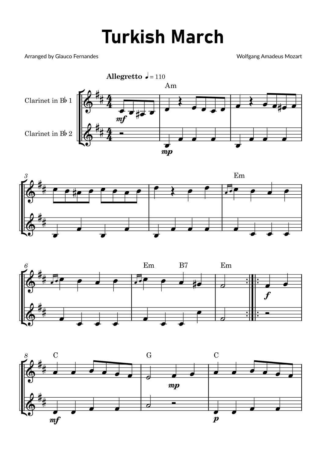 Turkish March by Mozart - Clarinet Duet with Chord Notations (arr. Glauco Fernandes)