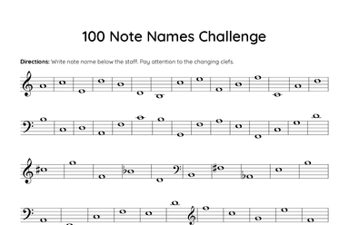 100 Note Names Challenge (Reproducible Music Theory Worksheet)