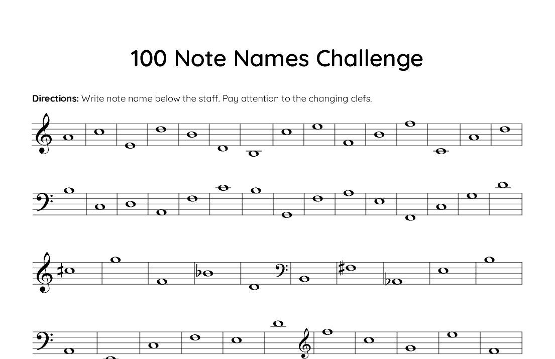 100 Note Names Challenge (Reproducible Music Theory Worksheet)