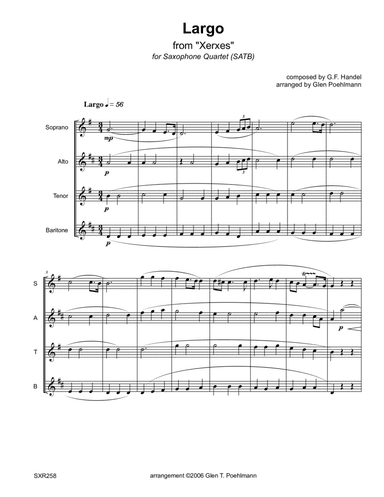 LARGO (from "Xerxes" - G.F. Handel) - SATB SAXOPHONE QUARTET (unaccompanied) (arr. Glen Poehlmann)