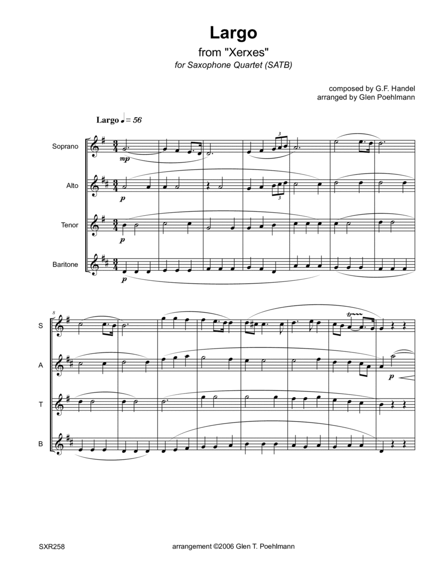 LARGO (from "Xerxes" - G.F. Handel) - SATB SAXOPHONE QUARTET (unaccompanied) (arr. Glen Poehlmann)