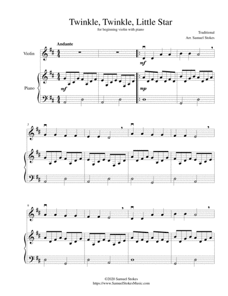 Twinkle, Twinkle, Little Star - for beginning violin with optional piano accompaniment (arr. Samuel Stokes)