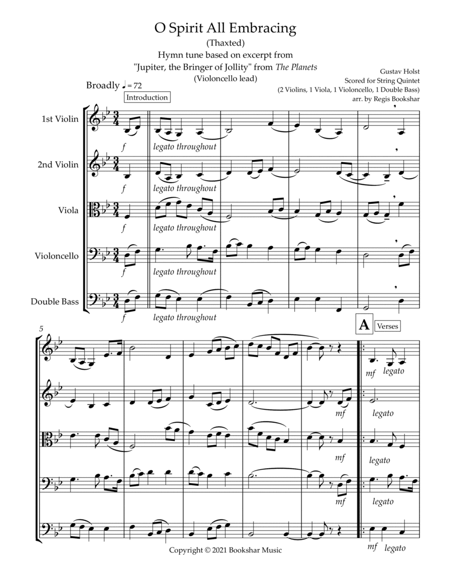 O Spirit All-Embracing (Thaxted) (Bb) (String Quintet - 2 Violins, 1 Viola, 1 Cello, 1 Bass) (Violon (arr. Regis Bookshar)