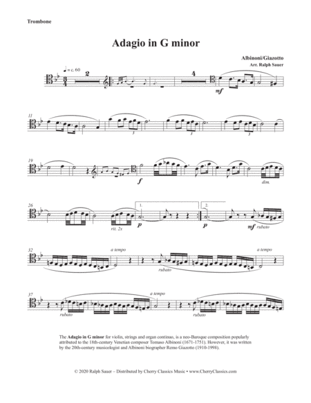 Adagio in G minor for Trombone and Piano (Organ) (arr. Ralph Sauer)