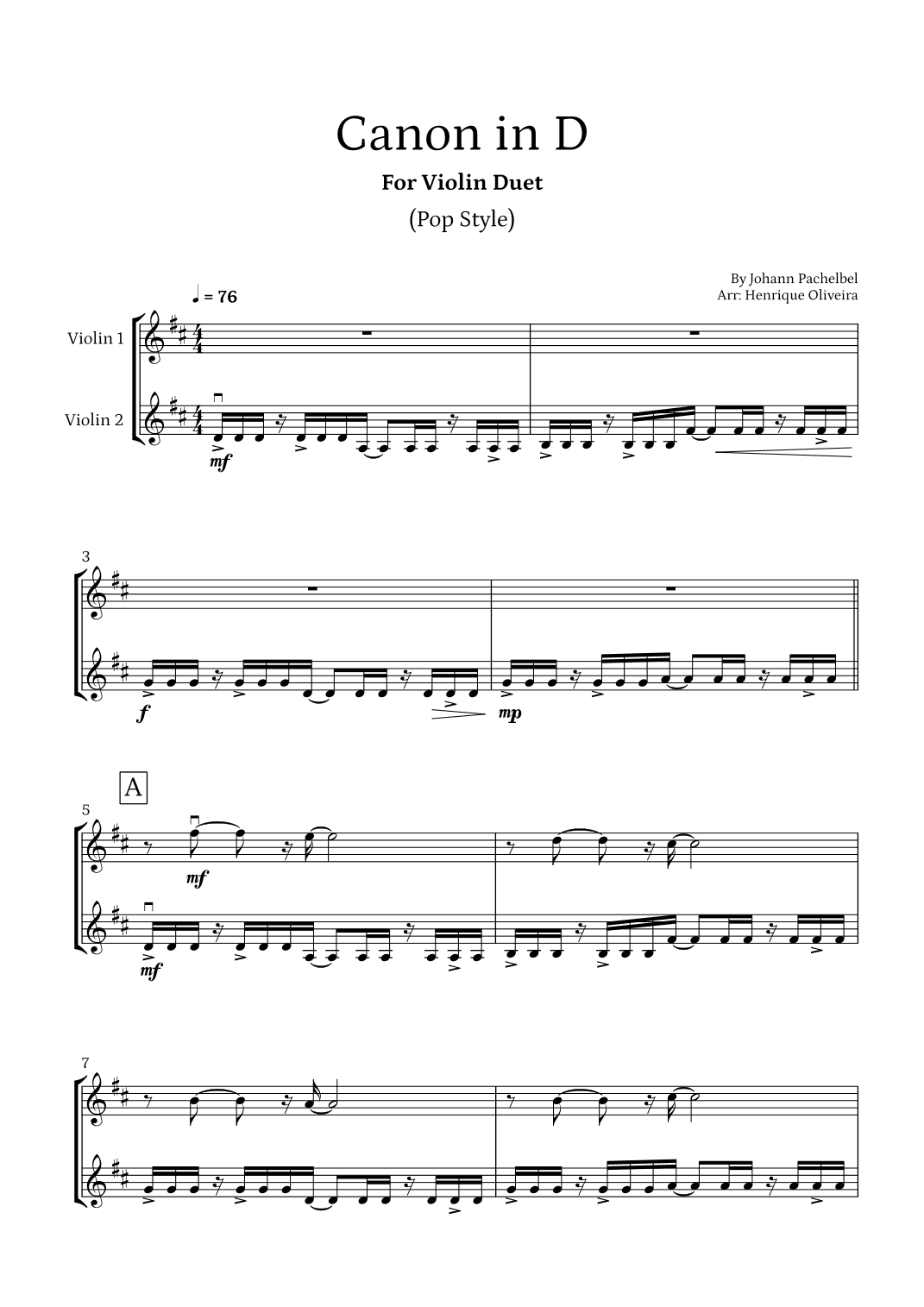 Canon in D (Pop Style) - For Violin Duet (arr. Henrique Oliveira)