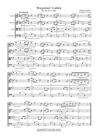 Wiegenlied / Lullaby Op. 49 No. 2 for string quartet (G Major) (arr. Klas Krantz)