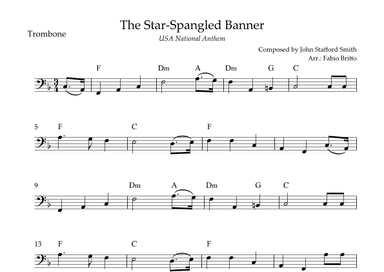 The Star Spangled Banner (USA National Anthem) for Trombone Solo with Chords (F Major) (arr. Fabio Britto)