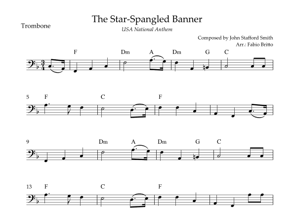 The Star Spangled Banner (USA National Anthem) for Trombone Solo with Chords (F Major) (arr. Fabio Britto)