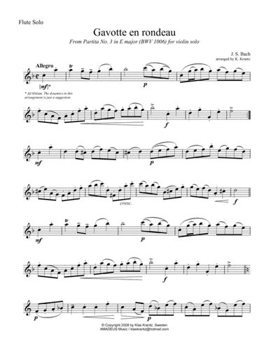 Gavotte en rondeau BWV 1006 for flute solo (arr. Amadeus Music)