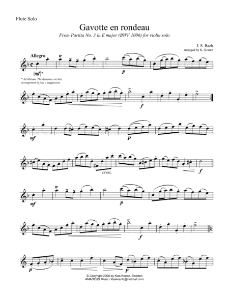 Gavotte en rondeau BWV 1006 for flute solo (arr. Amadeus Music)