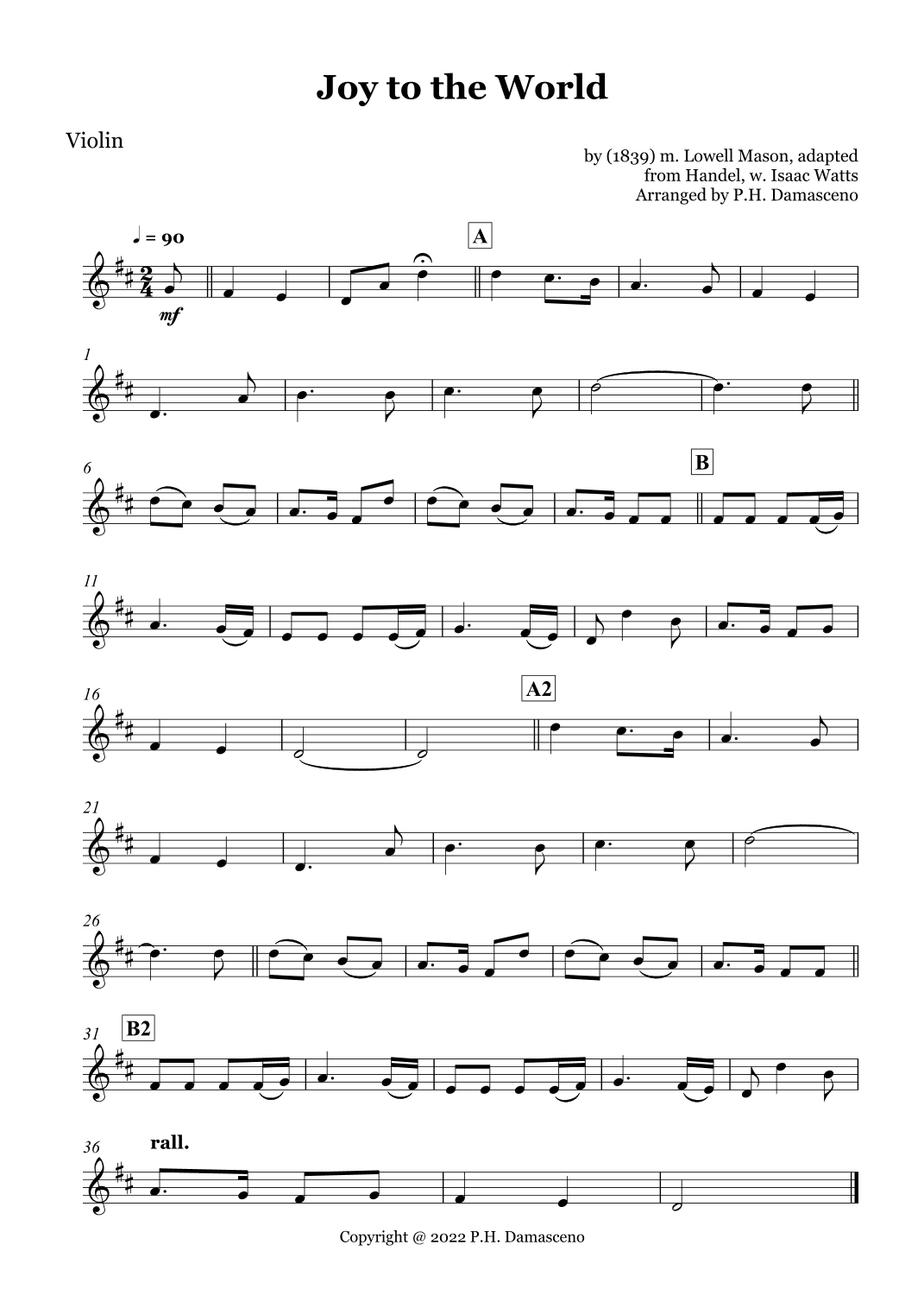 Joy to the World - Violin Solo and Piano Accompaniment (arr. P.H. Damasceno)