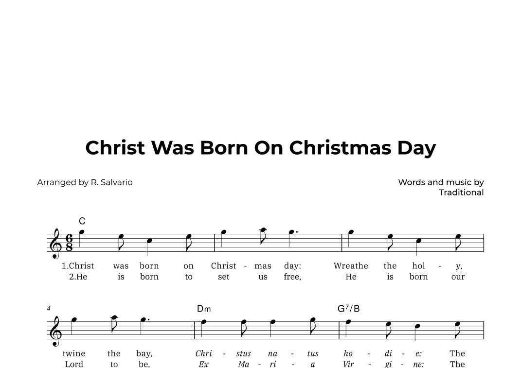 Christ Was Born On Christmas Day (Key of C Major) (arr. R. Salvario)