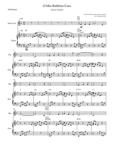 O Mio Babbino Caro (Puccini) for Horn in F Solo & Piano Accompaniment with Chords (arr. Fernando Britto)