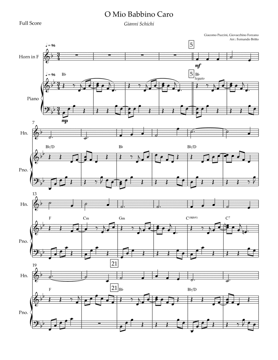 O Mio Babbino Caro (Puccini) for Horn in F Solo & Piano Accompaniment with Chords (arr. Fernando Britto)