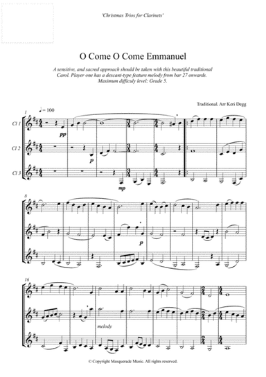 O Come O Come Emmanuel - haunting and beautiful Bb Clarinet trio - mixed ability group. (arr. Keri Degg)