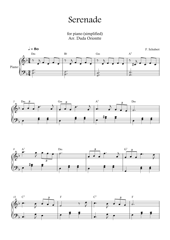 Serenade (piano SIMPLIFIED - with chords) Schubert (arr. Duda Oriontte)