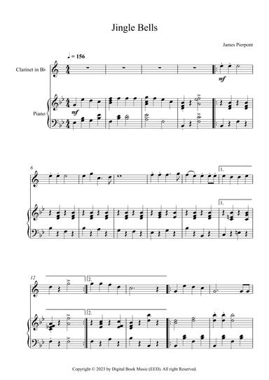 Jingle Bells, James Pierpont (Clarinet + Piano) (arr. Digital Book Music)