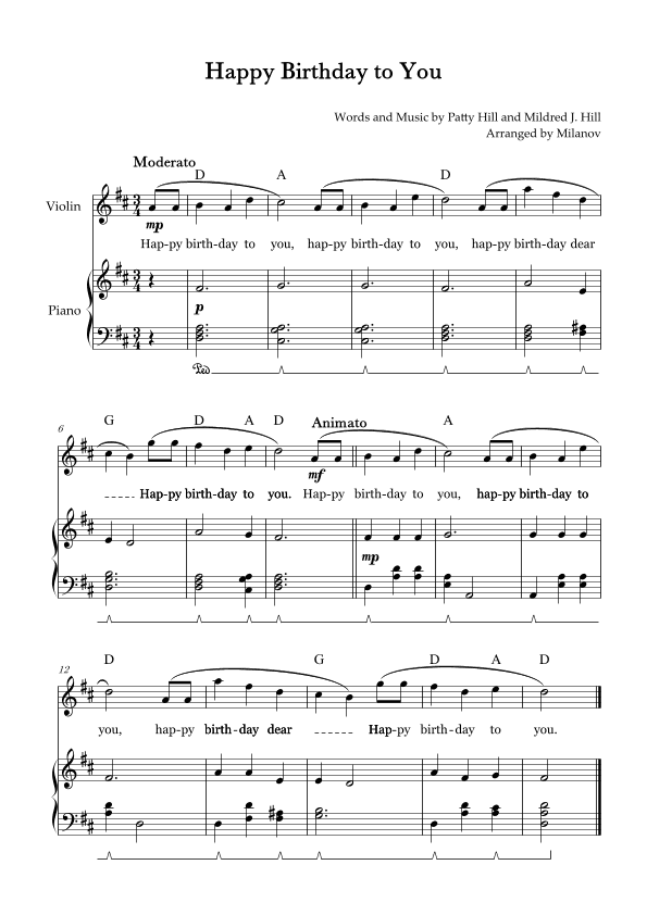 Happy Birthday to You |  Violin |  D Major | Piano accompaniment | Pedal | Chords | Lyrics (arr. Milanov)