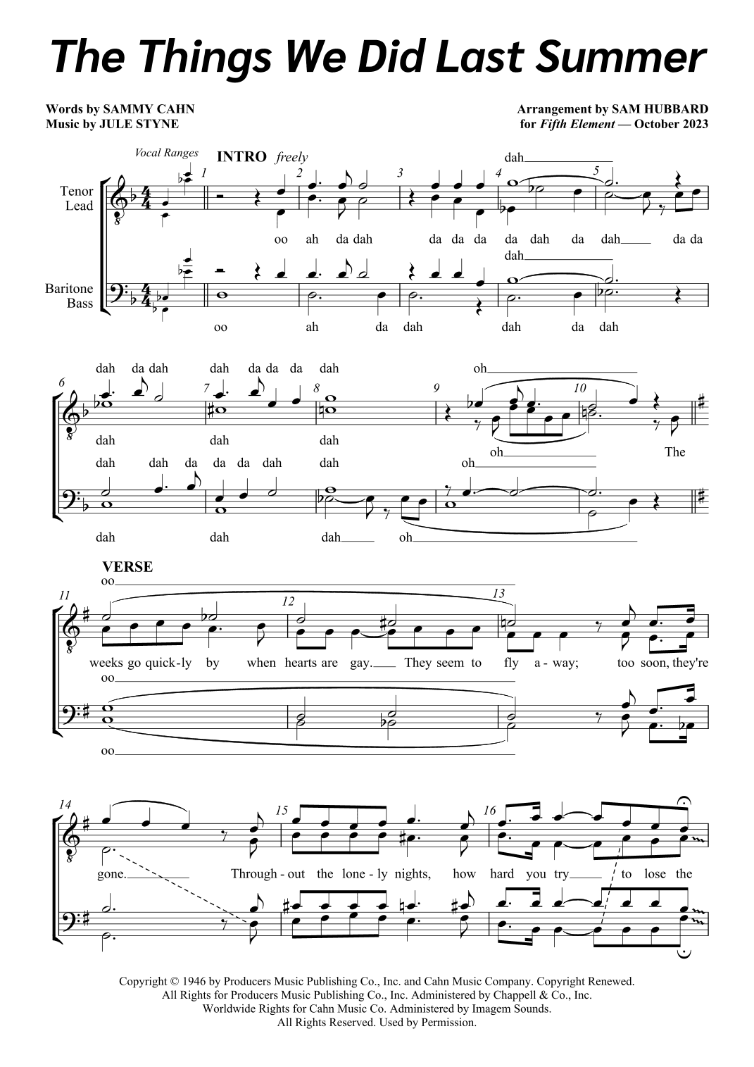 The Things We Did Last Summer (arr. Sam Hubbard)