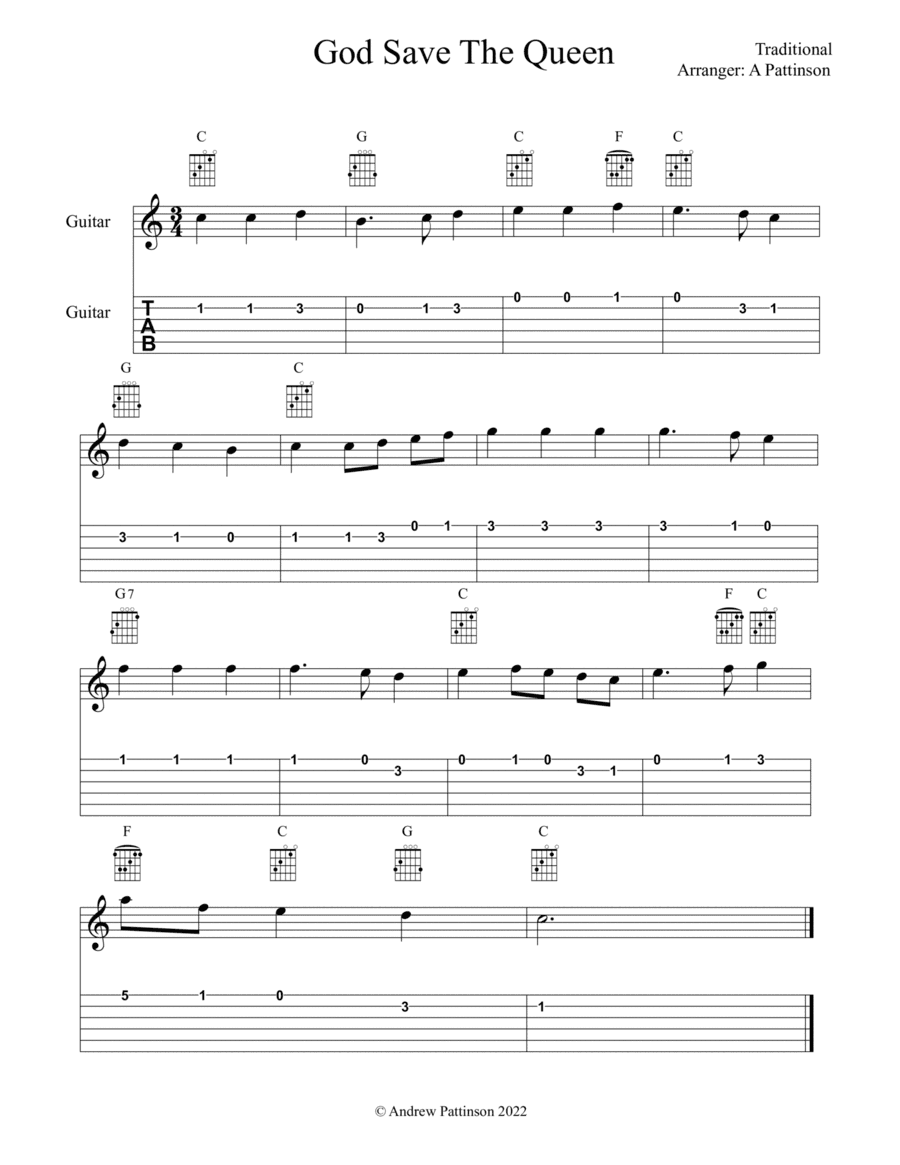 God save the Queen for Easy Guitar with TAB (arr. Andrew Pattinson)