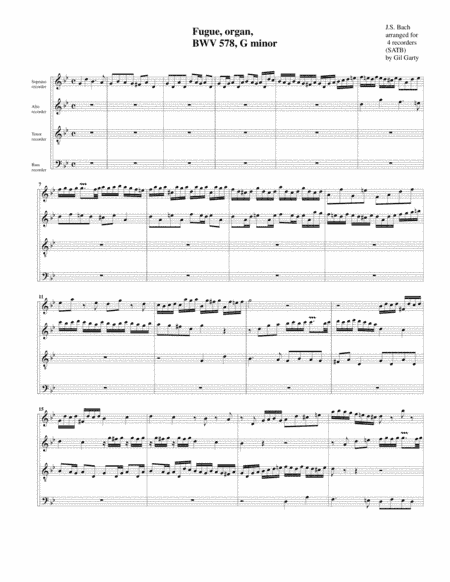 Fugue for organ, BWV 578 (Arrangement for 4 recorders) (arr. Gil Garty)