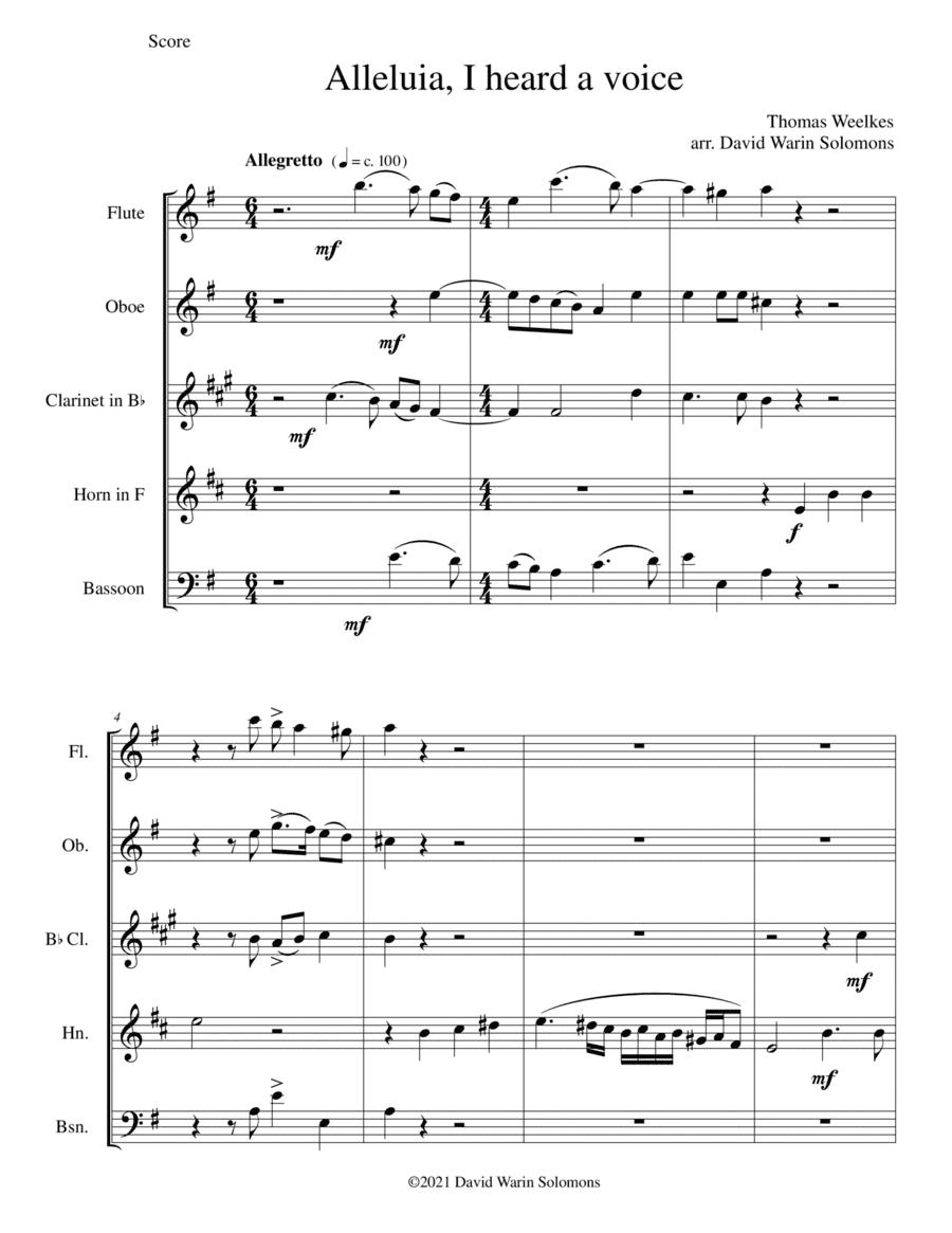 Alleluia, I heard a voice arranged for wind quintet (arr. David Warin Solomons)