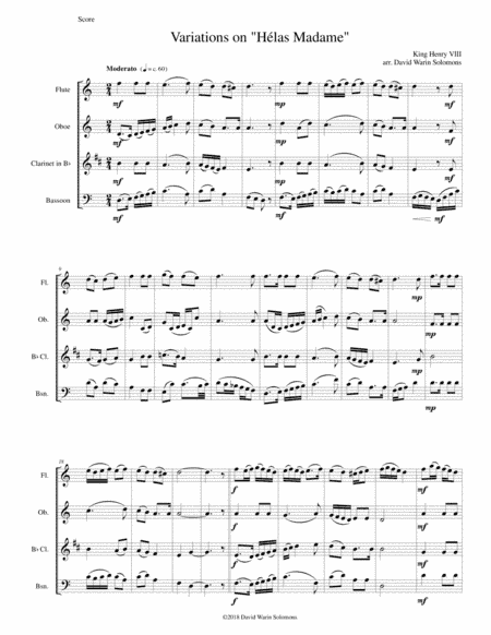 Variations for wind quartet on "Hélas, Madame" attributed to Henry VIII (arr. David Warin Solomons)