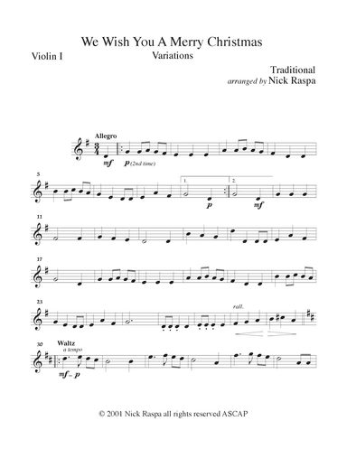 We Wish You A Merry Christmas (variations for String Orchestra) Violin I part (arr. Nick Raspa)