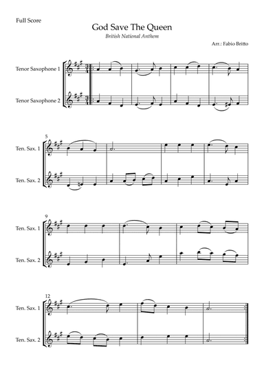 God Save The Queen (British National Anthem) for Tenor Saxophone Duo (arr. Fabio Britto)