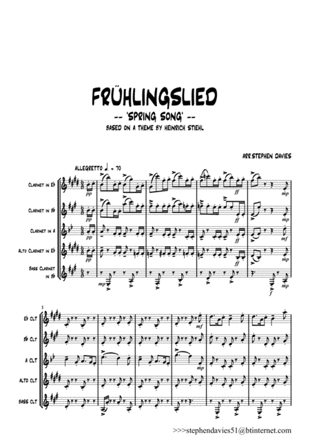 FRUHLINGSLIED (Spring Song) by Heinrich Stiehl for Clarinet Quintet -Eb/ Bb/ A/ Alto/ Bass (arr. Stephen Davies)