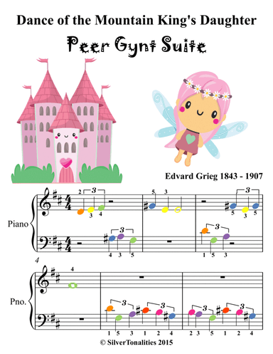 Dance of the Mountain King's Daughter Peer Gynt Beginner Piano Sheet Music with Colored Notes (arr. SilverTonalities)