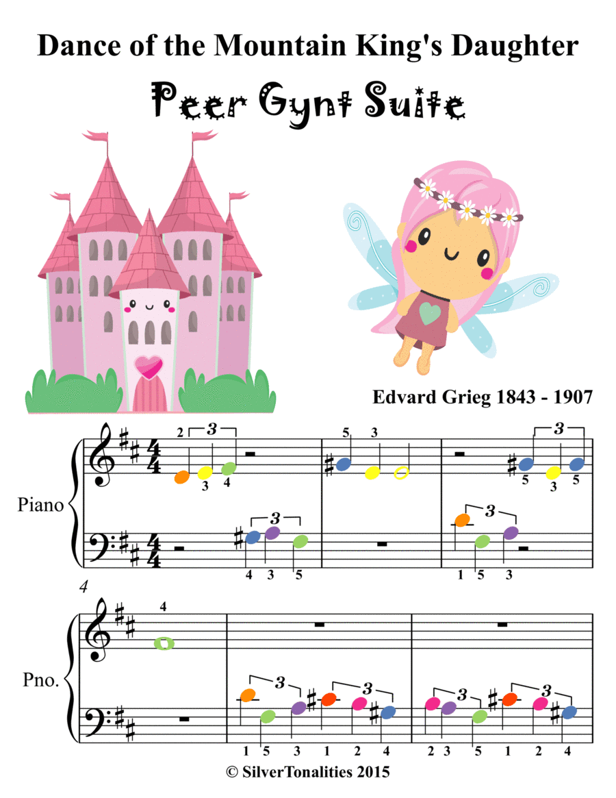 Dance of the Mountain King's Daughter Peer Gynt Beginner Piano Sheet Music with Colored Notes (arr. SilverTonalities)