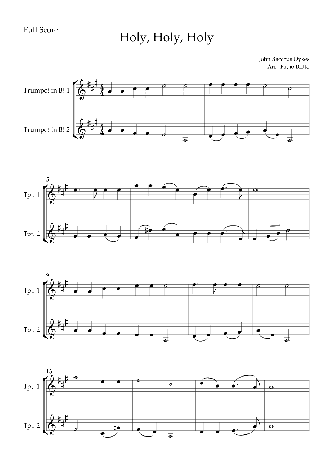 Holy, Holy, Holy (Traditional Christian Song) for Trumpet in Bb Duo (arr. Fabio Britto)