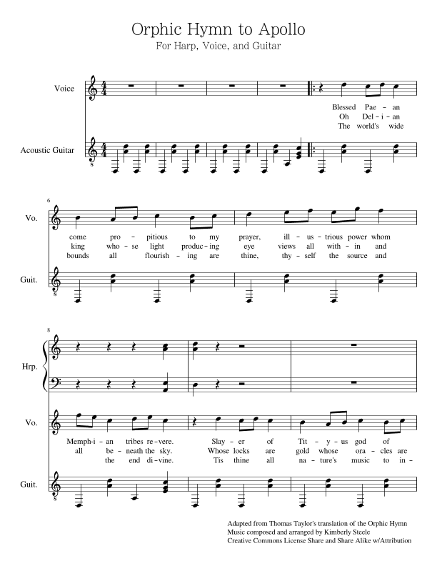 Orphic Hymn to Apollo for Harp, Voice, and Guitar