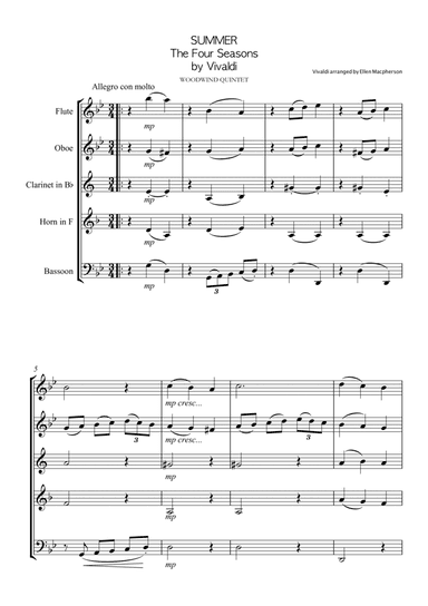 SUMMER by VIVALDI for WOODWIND QUINTET (arr. Ellen Macpherson)