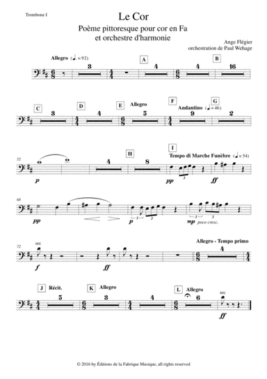 Ange Flégier: Le Cor for solo horn and concert band, trombone 1 part (arr. Paul Wehage)