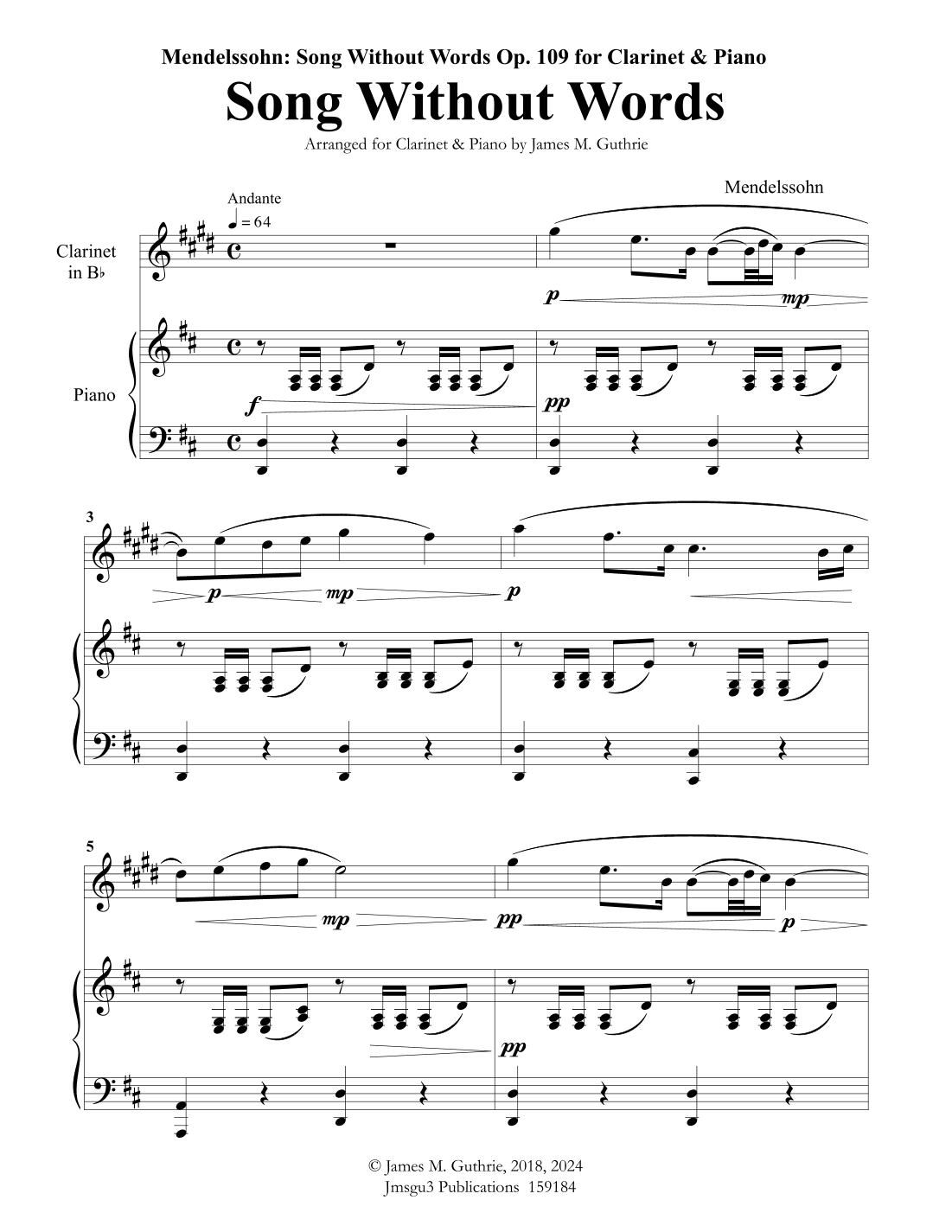 Mendelssohn: Song Without Words Op. 109 for Clarinet & Piano (arr. James M. Guthrie)