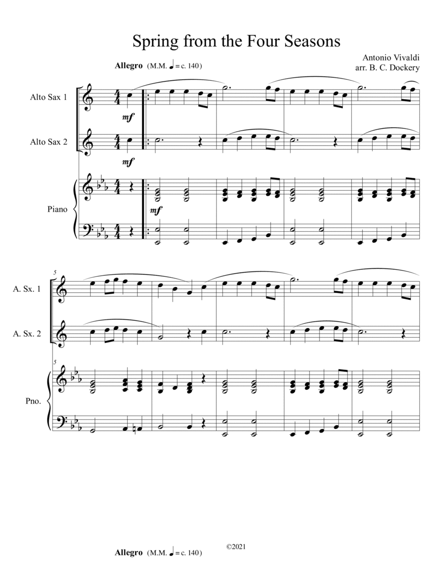Spring from the Four Seasons (Alto Sax Duet) with piano accompaniment (arr. B. C. Dockery)