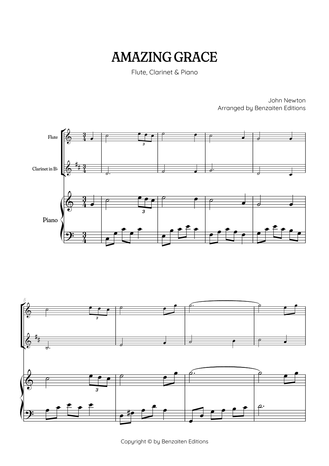 Amazing Grace • easy flute and clarinet sheet music with piano accompaniment (arr. Benzaiten Editions)