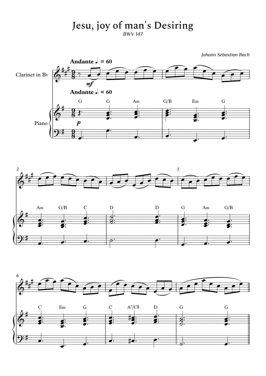 Jesu, joy of man's Desiring for Clarinet and Piano (With Chords) - Score and Parts (arr. Cássio Silva Chaves)