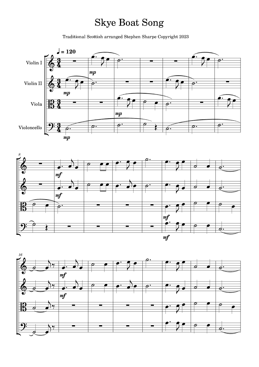 Skye Boat Song for String Quartet (arr. Stephen Sharpe)