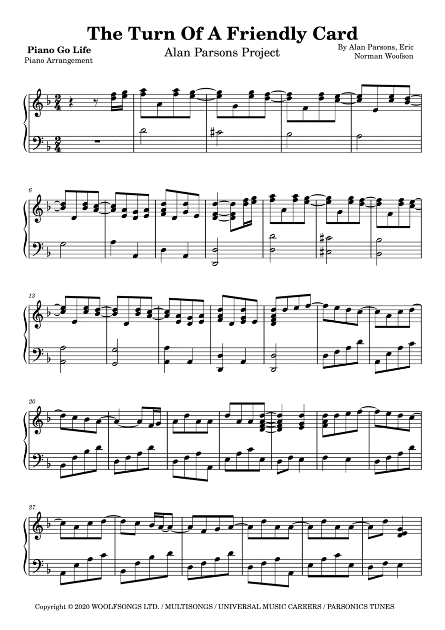 The Turn Of A Friendly Card (part One) (arr. Piano Go Life)