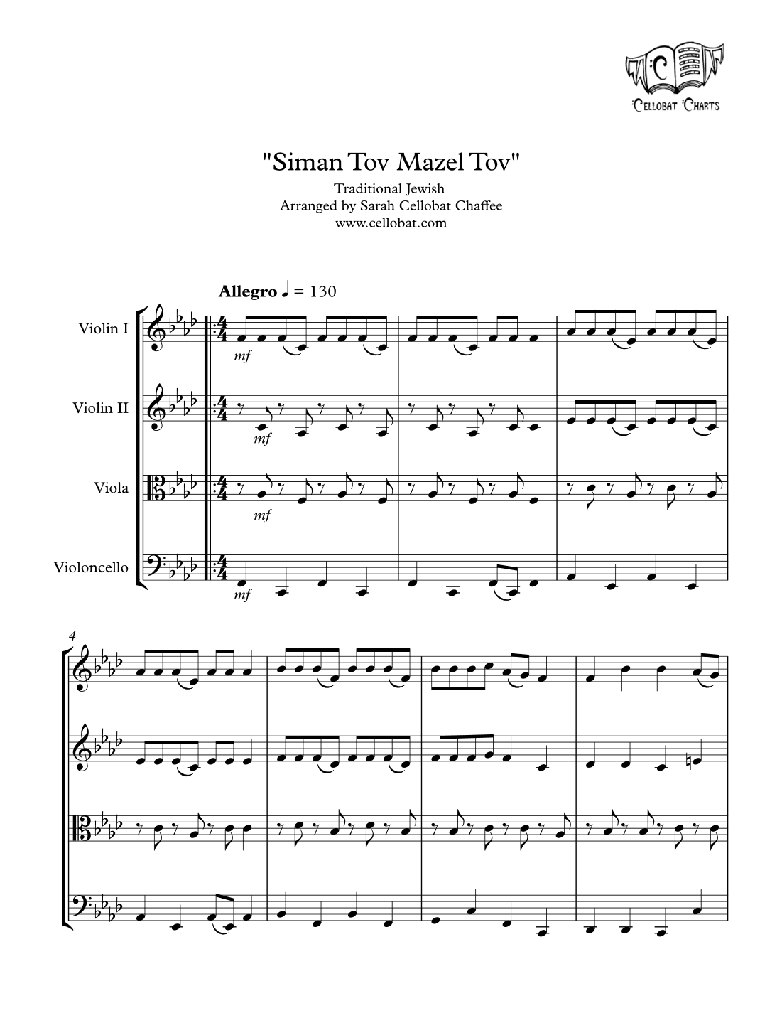 Siman Tov Mazel Tov - String Quartet - Traditional Jewish arr. Cellobat (arr. Sarah Cellobat Chaffee)