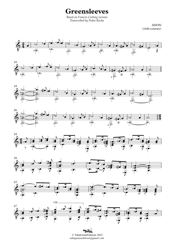 Greensleeves (Francis Cutting) (arr. Pedro Rocha)