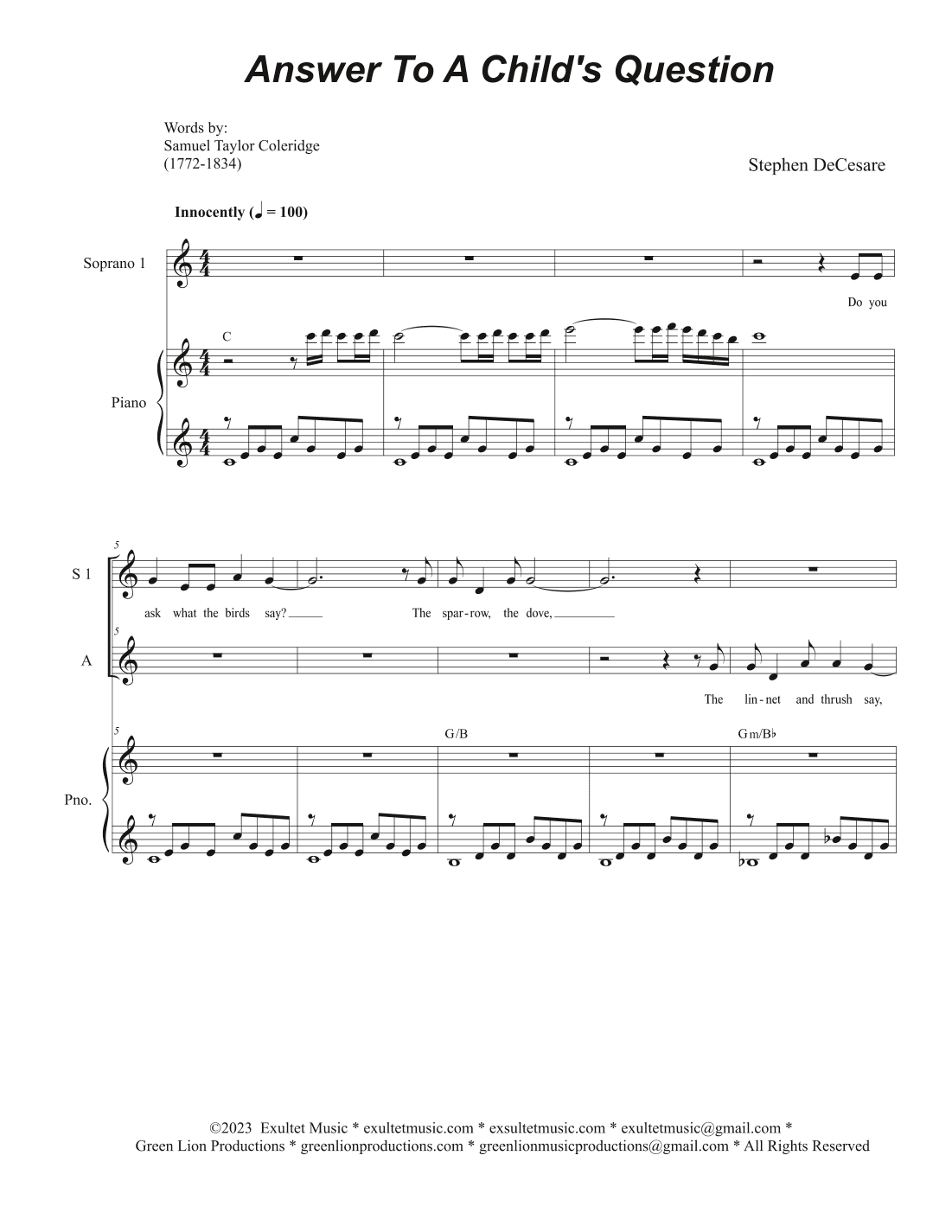Answer To A Child's Question (Vocal Trio - (SSA)